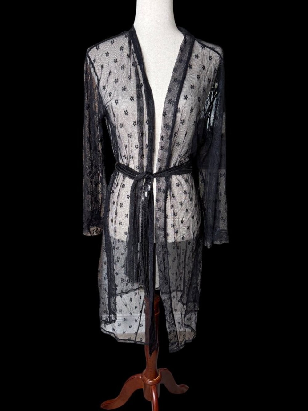 Black Sheer Mesh Lace Kimono Duster Robe Floral Sequin Tie Belt Whimsigoth Lg
